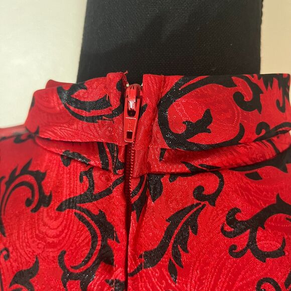 Vintage 80s Pyke Limited Red & Black Damask Flourish Print Blouse Sz.14 - Picture 8 of 9